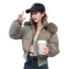 Womens Short Puffer Jacket With Oversized Faux Fur Collar Warm White Duck Down Winter Coat Loose Fit Hooded