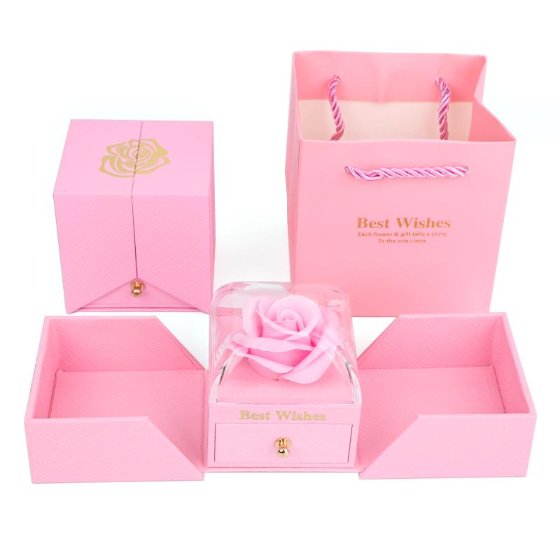 Jewelry Packaging Box Double Open Gatefold Rose Flower Gift Box with Drawer Custom Logo Velvet Ring Earring Necklace Case