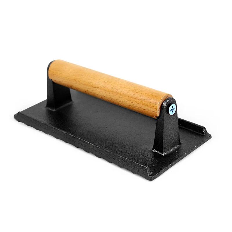 1pc Cast Iron Grill Press Rectangle Cast Wood Handle Meat Steak Bacon Squid Grill Fried Sandwich BBQ Pressure Plate Cooking Tool