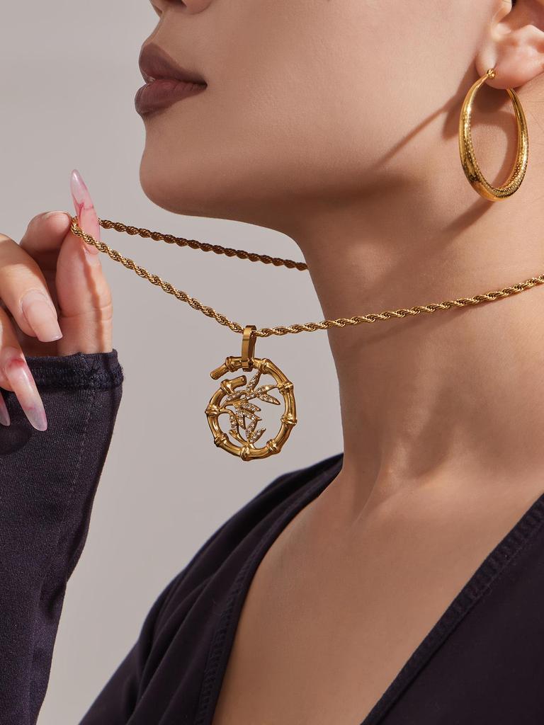 Elegant Bamboo & Diamond Pendant Necklace Bracelet with Freshwater Pearls On a Luxurious Braided Chain