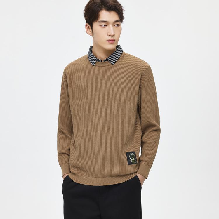 WOOG2005 Men s Solid Color Fake Two-Piece Layered Collar Sweater, 2025 Autumn/Winter, Loose Casual Knitwear XL