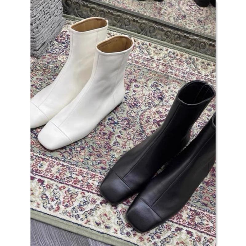 Leather Square Head Low Heel Martin Boots New Versatile Bare Boots Rear Zipper Short Boots Women