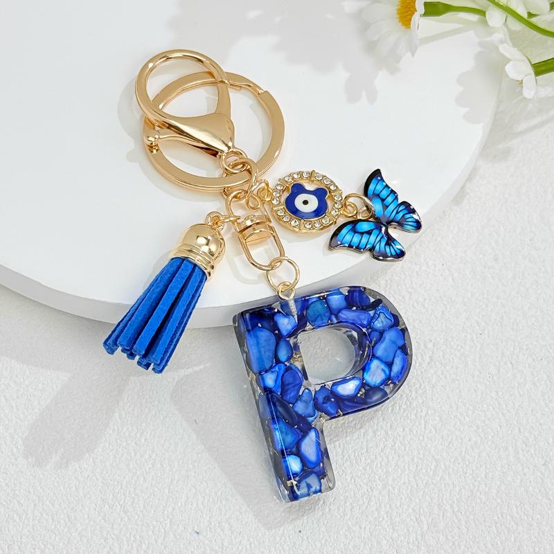 Fashion Blue Glazed Stone A To Z Letter Keychain 26 Initials Alphabet Butterfly Tassel Pendant Car Keyring Women Jewelry Gifts