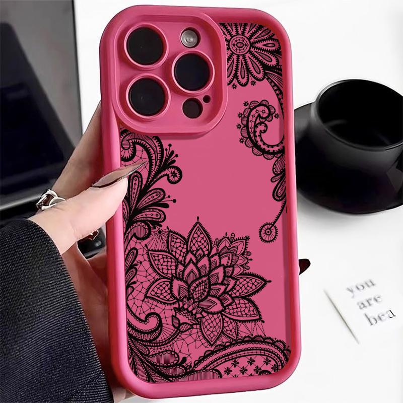 Sexy Charm Schwarze Spitze Pfingstrosenmuster Für iPhone 17 16 15 14 13 Pro Max 7 Plus Air XR MINI Handyhülle Sturzschutz Abdeckung Einfarbige