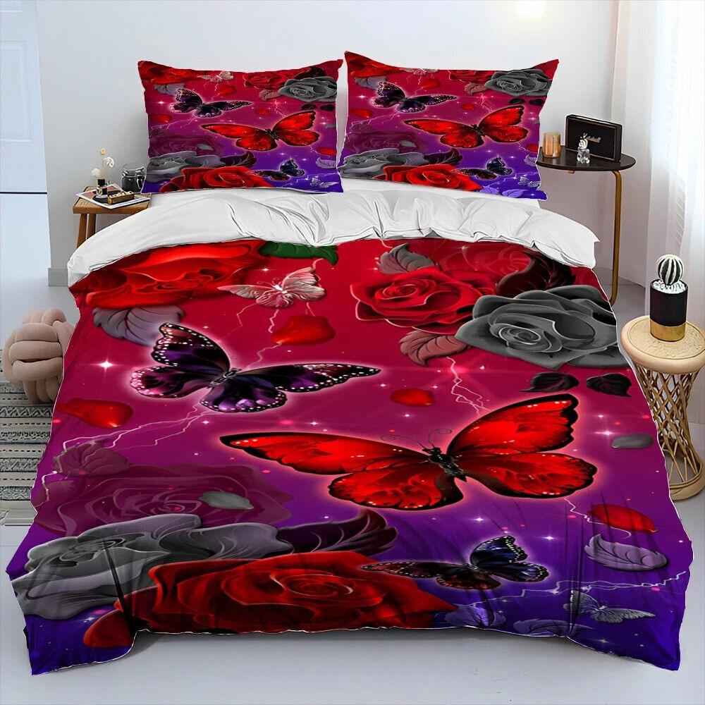 3D Butterfly Flower Bedding Set Women and Girls Down Duvet Cover Pillowcase 2/3pc King Queen Bed Cover Gift Home Textile