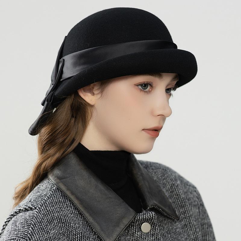 French bow wool felt hat bucket hat autumn and winter elegant small fragrant basin hat British top hat female