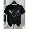 New Womens Tee Black White Grey Floral Print Round Neck Stretchy Fabric Soft Comfortable Fit All Season Fashion Trendy New Year Valentine's Day Gift