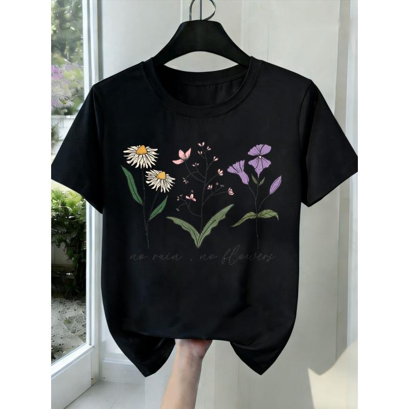Новая женская футболка Черный Белый Серый Цветочный принт Круглый вырез Эластичная ткань Мягкая Удобная посадка Всесезонная Модная Трендовая Подарок на Новый год День святого Валентина 4XL чёрный