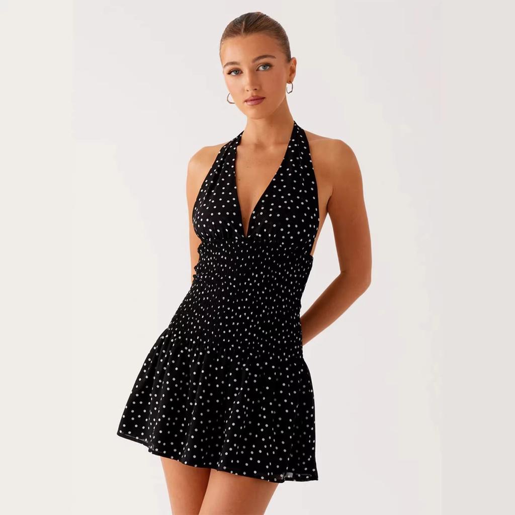 Šaty s puntíkovaným výstřihem a šněrováním, nová letní skládaná sukně v evropském a americkém stylu, šaty s odhalenými zády