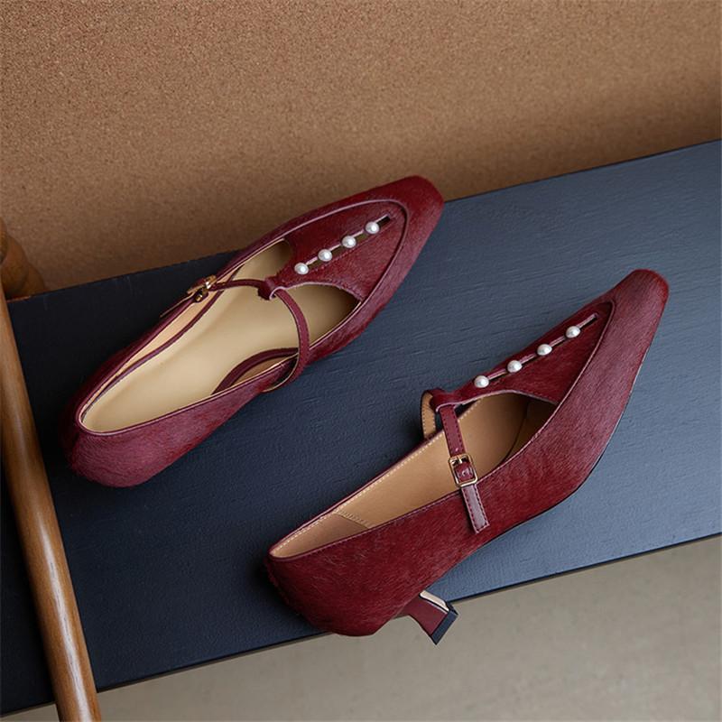 Fashion New Summer Horsehair Women Pumps Shoes for Women Fashion Pearl Square Toe Mary Jane Shoes Women Belt Buckle Ladies Shoes