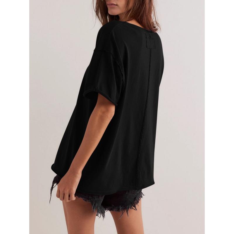 Summer Loose and Casual Cotton Solid Color Round Neck Short-sleeved Raw Edge T-shirt