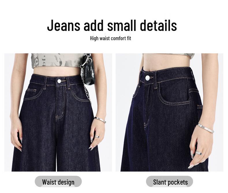Women's Dark Blue Wide-Leg Jeans - 2025 Spring Petite Straight-Fit, Floor-Length Pants