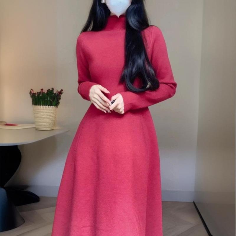 Knitted Primer Dress Autumn and Winter New Long Knee-length Sweater Skirt Semi-high Neck Waist Slim A-shaped Skirt