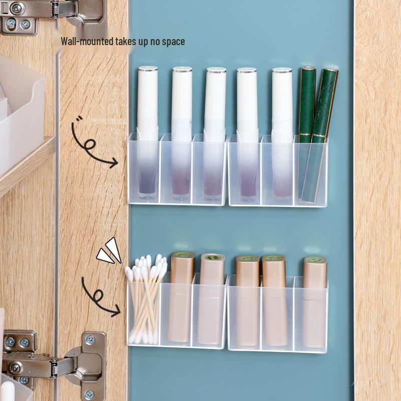 Wall-Mounted Makeup Organizer: No-Punch Translucent Tri-Compartment Eyebrow Pencil, Lipstick, and Brush Holder.