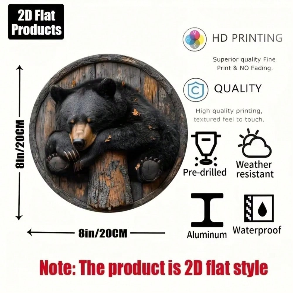 Round Black Bear Metal Wall Art Sign Durable Aluminum Decorative Plaque