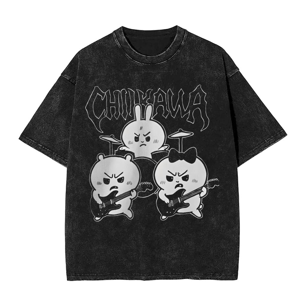 Chiikawas Metal Band Usagi T Shirts Hip Hop Washed Short Sleeve Street TShirt for Men Women Tops Streetwear Summer Tops Tees