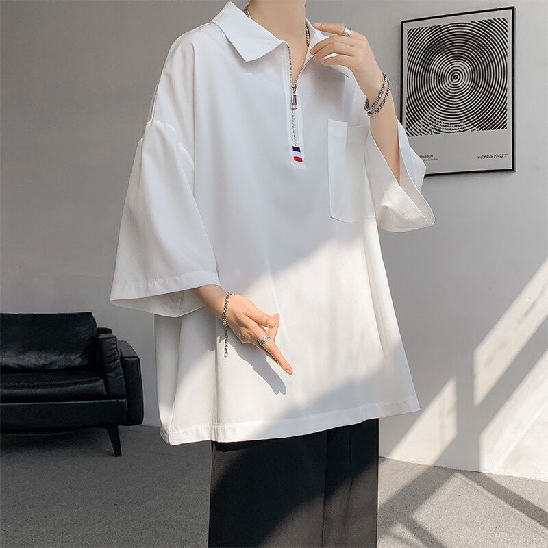 Summer Polo-Neck Loose T-shirts Fashion Zipper Men's Clothing Pockets Spliced Casual Basic Solid Color Half Sleeve Polo Shirts