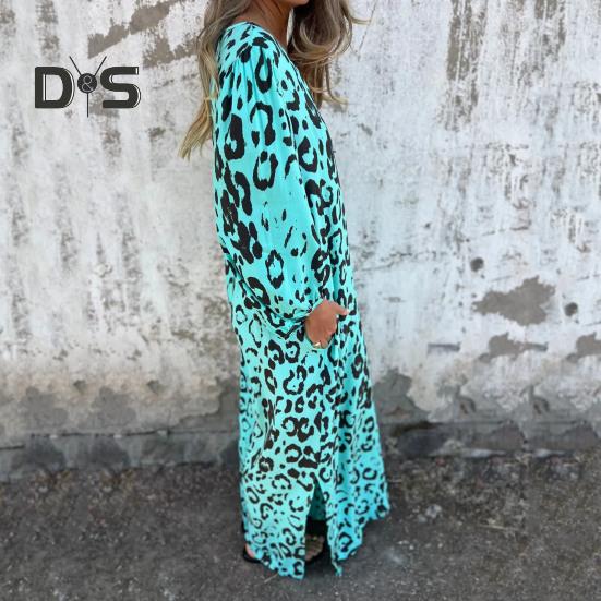 Women's Leopard Print Dress V-Neck Long Sleeve Maxi Dress Casual Loose Fit Spring Summer Dress for Office Daily Wear Vacation Party