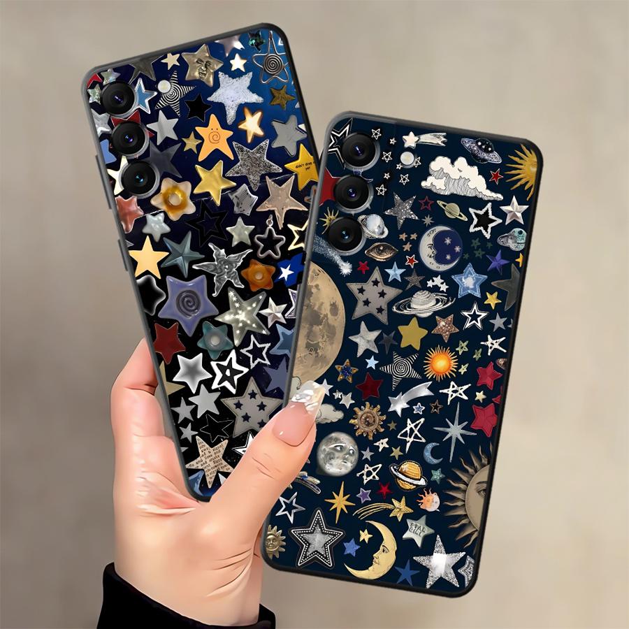 Sternen-Mond-Muster Hülle für Samsung Galaxy A25 A71 A23 A53 A35 A32 A26 A72 A36 A51 A73 A41 A24 A55 A22 A52 Schwarze Weiche Handyhülle
