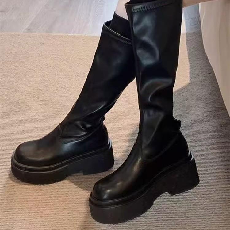 2025 Spring and Autumn New Boots Women's Knight Boots Small Boots But Knee Thick-soled Elastic Skinny High Boots