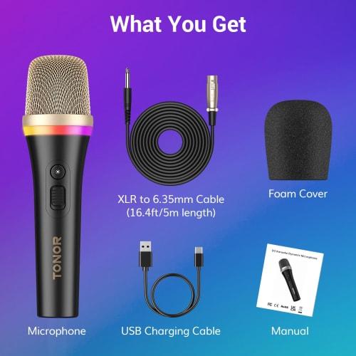 TONOR Dynamic Microphone (6.35mm Plug with 5M XLR Cable), Vocal Microphone, Unidirectional Metal Handheld Wired RGB Microphone, Compatible with Karaok