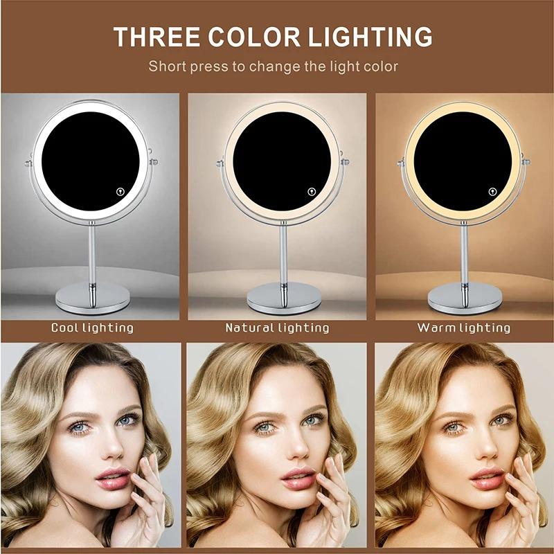 8inch 10x Magnifying Led Makeup Mirror With 3 Color Light Touch Switch Double Side Usb Charging Desktop Vanity Cosmetic Mirror