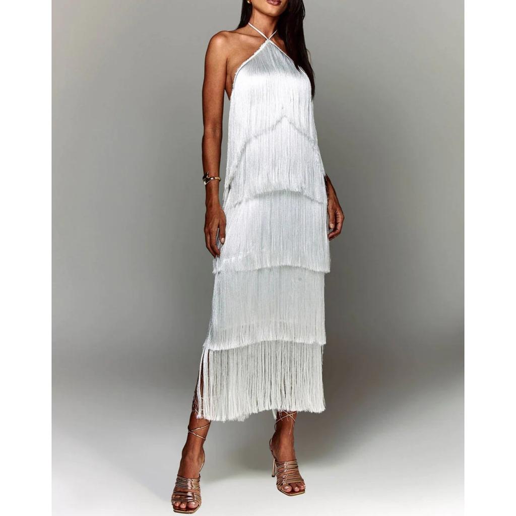 European American Fashion Halter Backless Slit Tassel Maxi Dress for Women