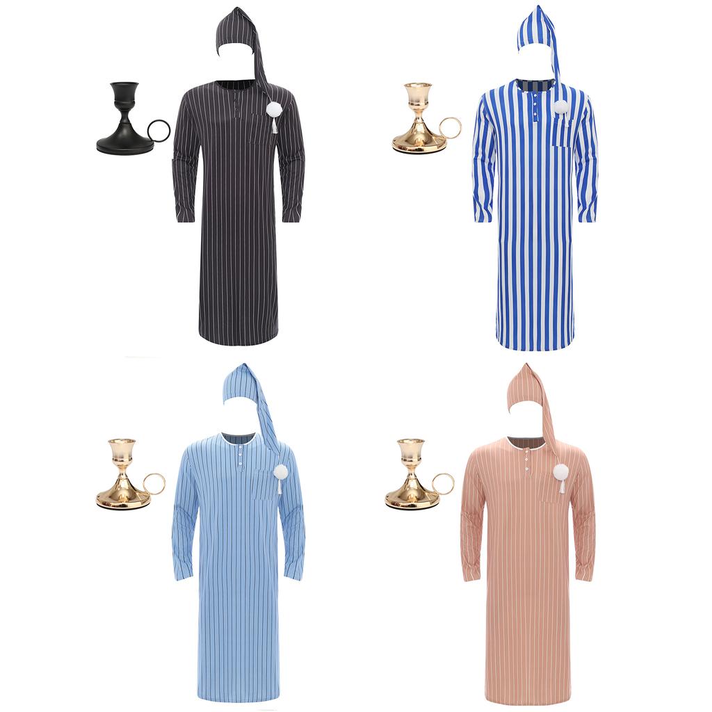 Men's Christmas Pajama Set Striped Sleep Dress Robe with Matching Hat and Candle Holder