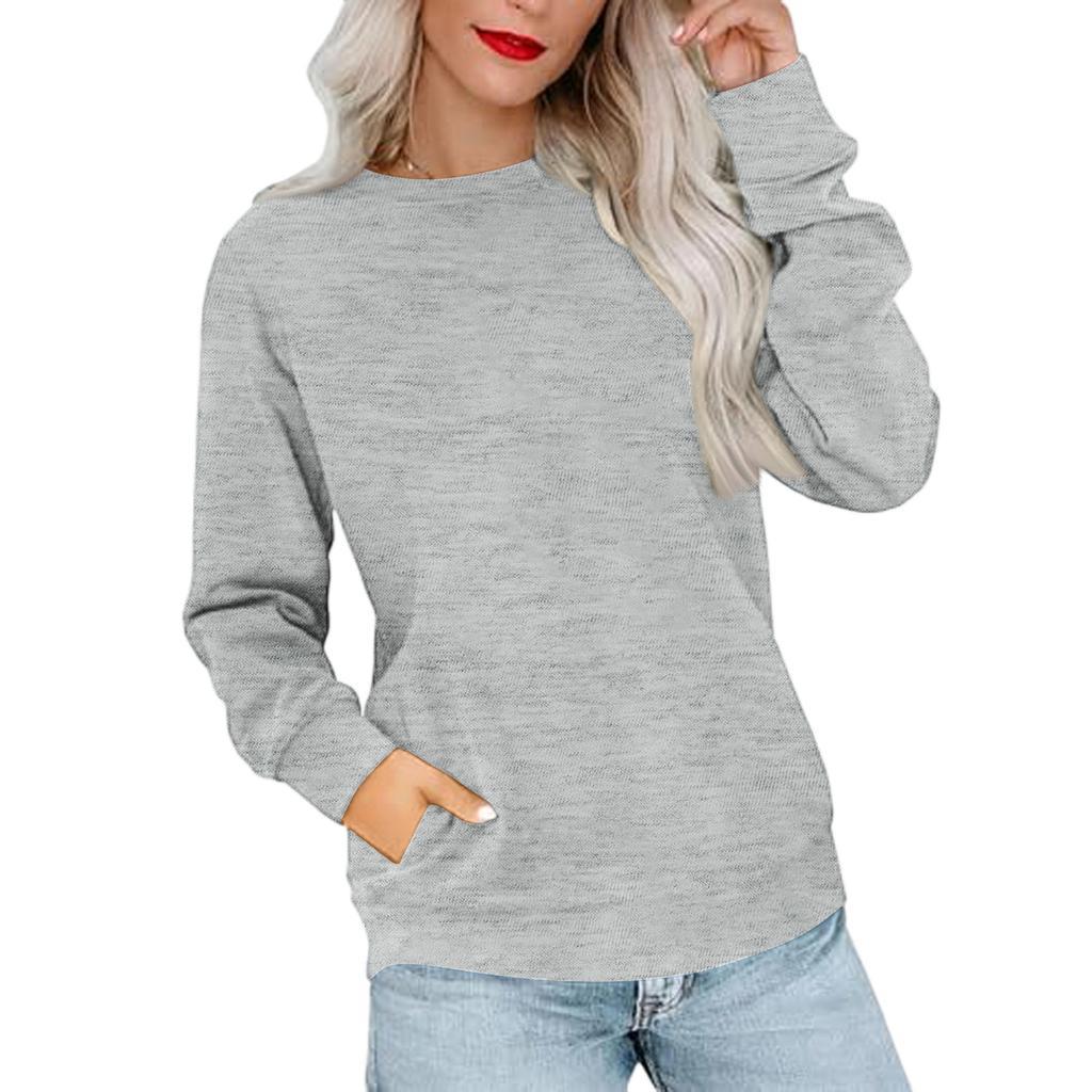 Women's Casual Fashion Solid Color Neck Long Sleeve Sweatshirt Lightweight Pullover With Side Pockets Warm Sweatshirt