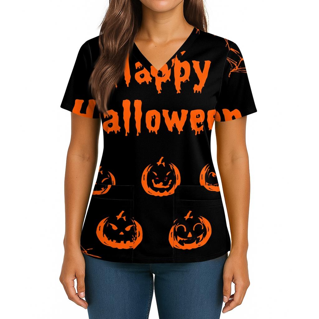 Women's V Neck Casual Halloween Print Top for Caregivers Short Sleeve Comfortable Fit Lightweight Fabric Workwear