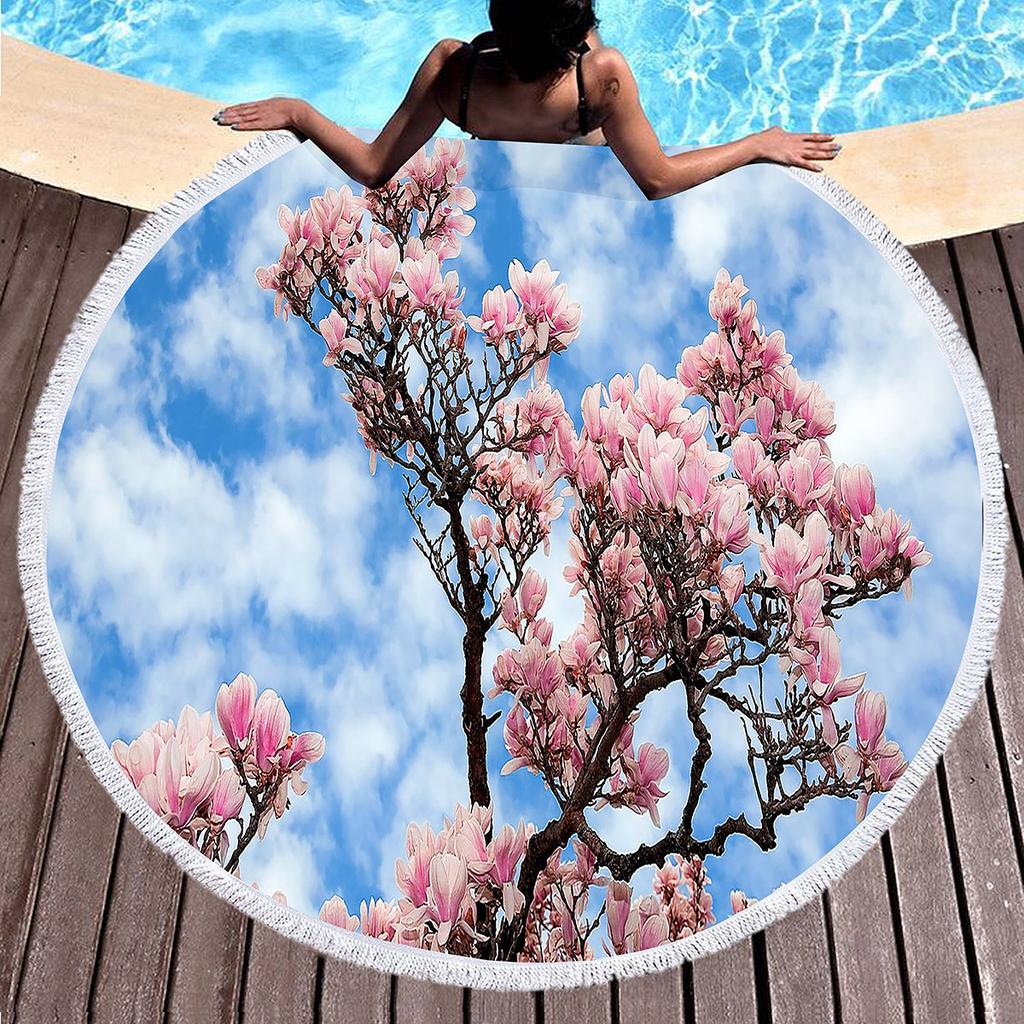 Elegant Magnolia Flower Round Beach Towel,Polyester Sand Resistant Shawl Beach Blanket,Absorbent Quick Dry Pool Towel Picnic Mat