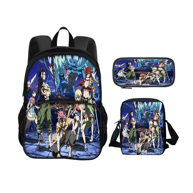 Fairy Tail Cartoon 3Pcs Set with Front Pocket Backpack+Shoulder Bags+Pencil Bag Student Boys and Girls Best Gift Stationery