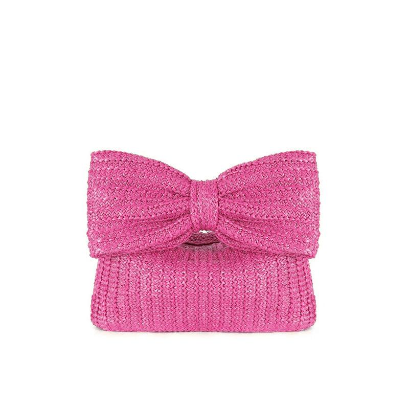 New Women Straw Woven Handbags Summer Zipper Closure Bow Ladies Clutches Purse Versatile Female Bags for Evenging Party