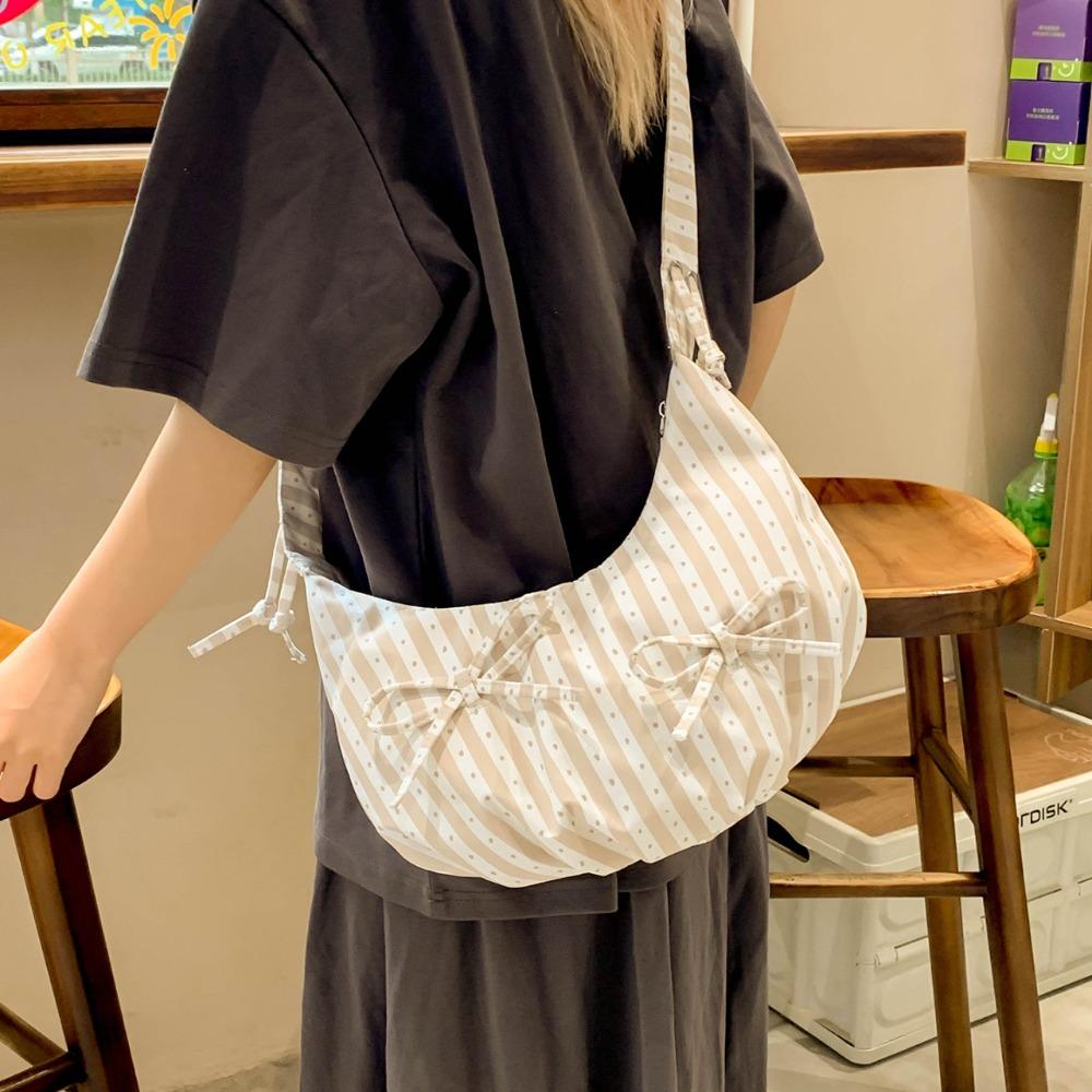 

Sweet Bowknot Tote Bag Stripe Pleated Shoulder Bag Korean Style Cloth Dumpling Bag Students хаки