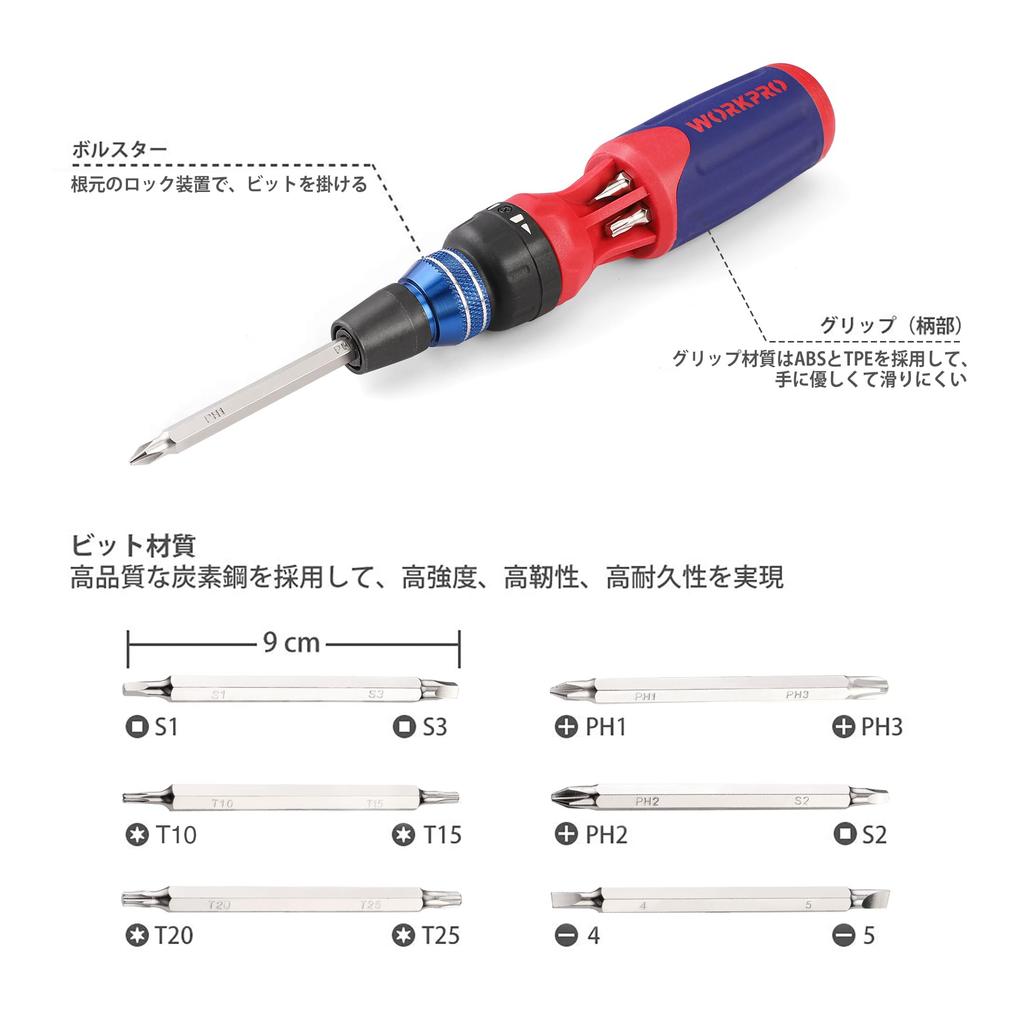 WORKPRO Interchangeable Screwdriver Set with 6 Ratchet Repair Ratchet Square Bit Automotive Furniture Assembly 12-in-1 Bits, Driver, Tool, 6.35mm