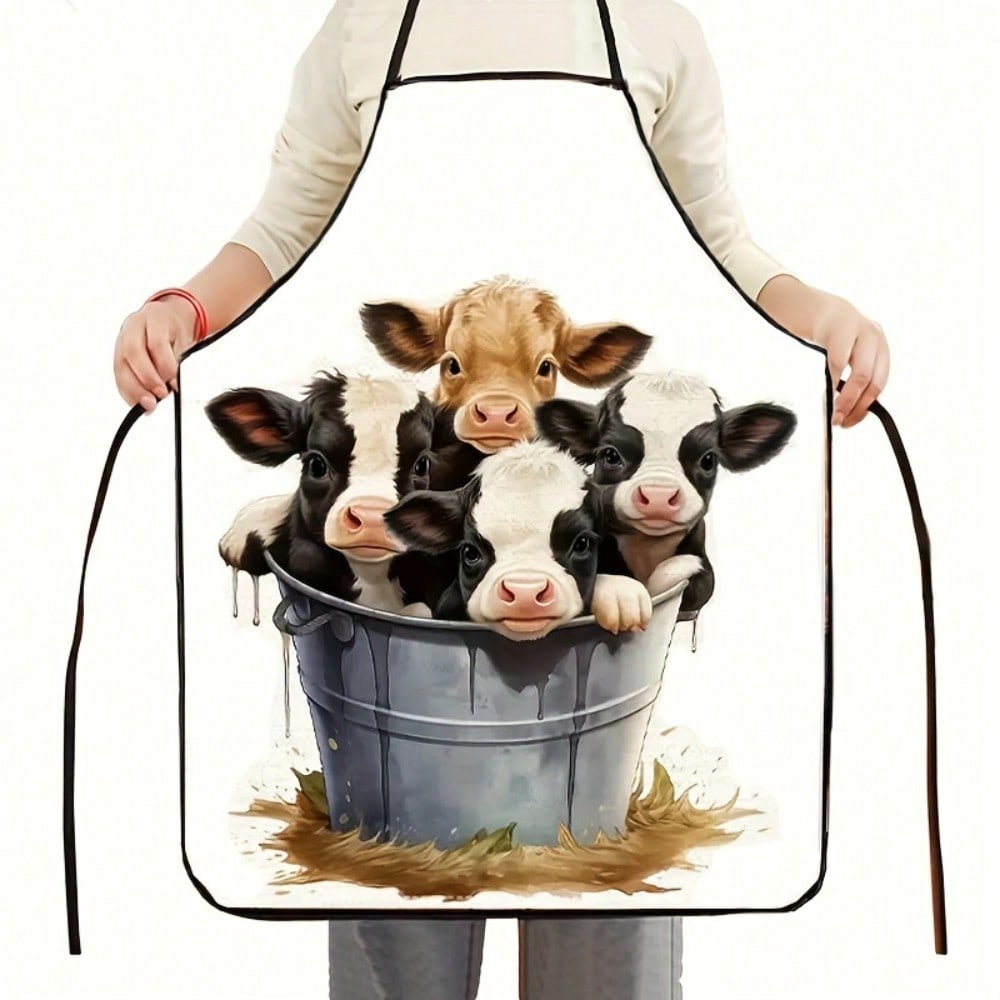 Grembiule Carino con Stampa Mucca, Vitellino nel Secchio Cartone Animato Animale della Fattoria Grembiulino da Cucina, Regalo Originale per Agricoltori, Abbigliamento da Cucina in Cotone Nero