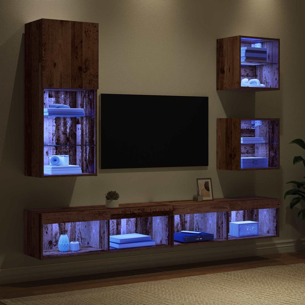 TV Wall Units with LED 5 pcs Reclaimed Wood Effect Particleboard