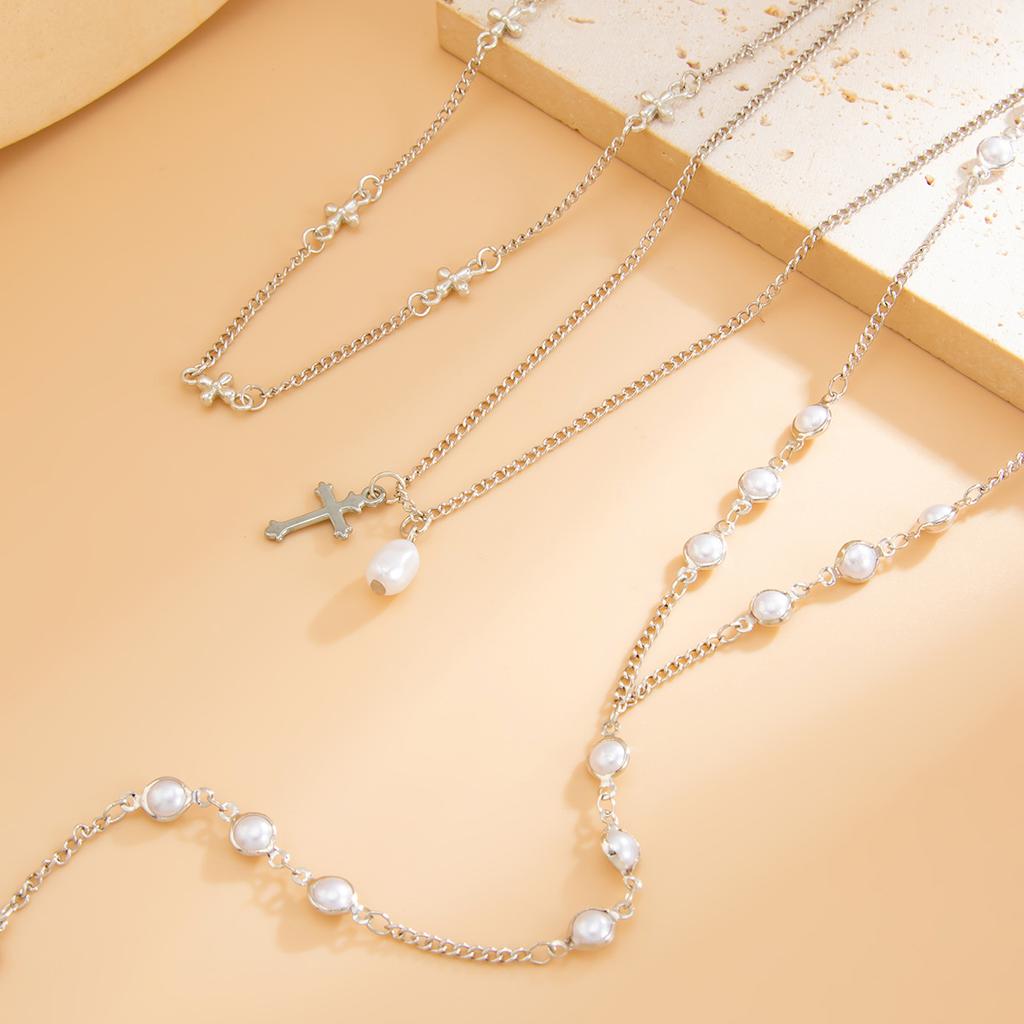 Temperament Imitation Pearl Chain Fringed Long Necklace, Spice Girl Style Metal Cross Pendant Necklace