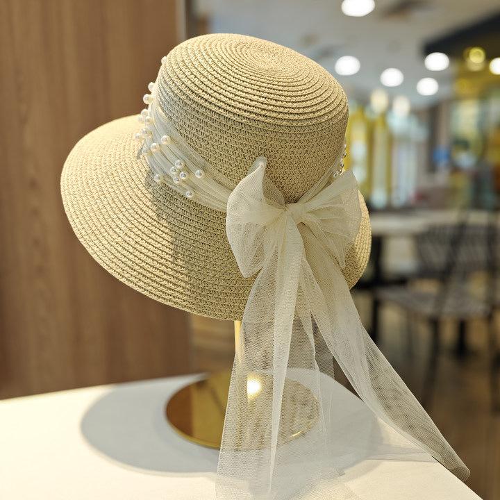 Summer lace bow pearl large brim sun protection breathable sun hat women