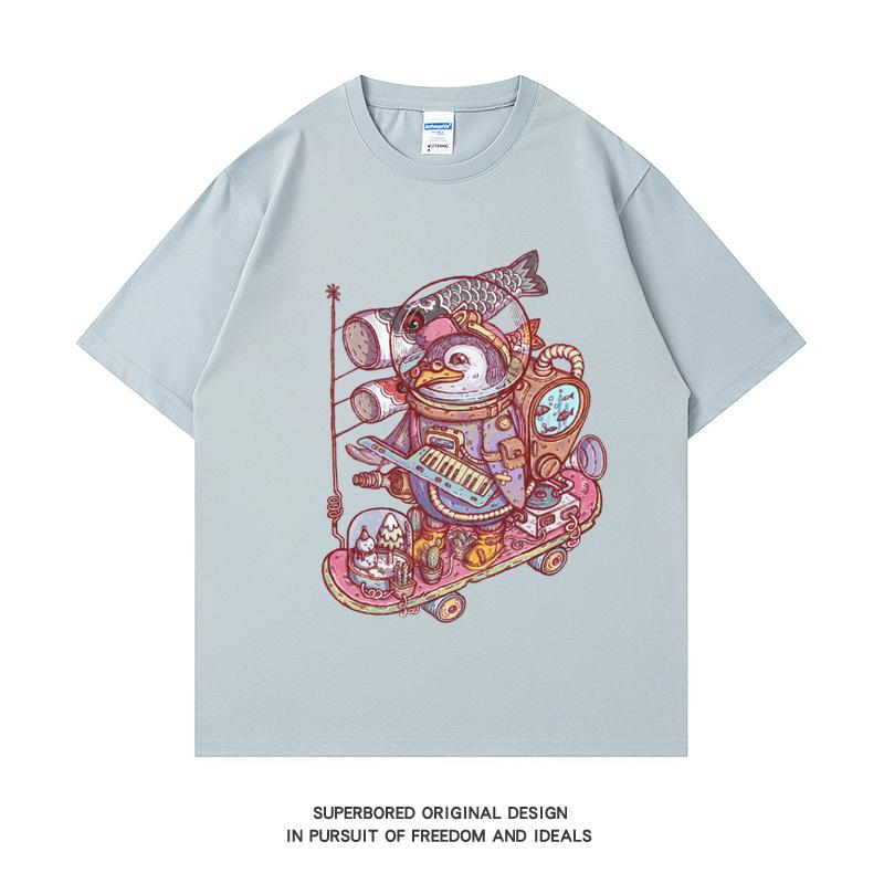 

220GSM Тяжелая футболка из 100% хлопка, космические костюмы с пингвином, принт, мужские повседневные базовые мужские топы с круглым вырезом, футболка