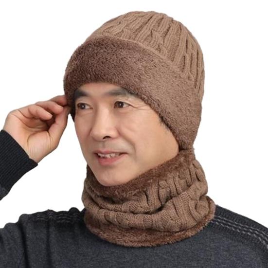 2Pcs/Set Unisex Winter Solid Color Beanie Hat Scarf Set Thickened Fleece Lining Knitting Hat Neck Gaiter Mid-aged Set
