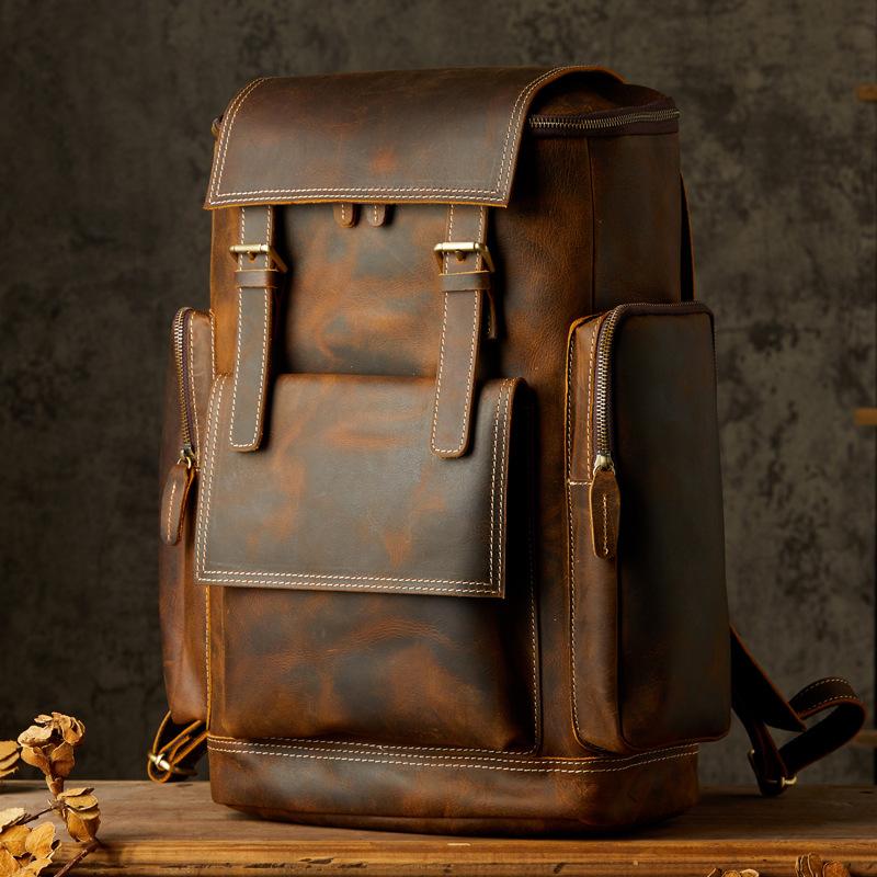 Genuine Leather Bag Handmade Cowhide Backpack Men's Large-capacity Motorcycle Men's Bag Cycling Travel Leather Bag Tide Brand Computer Backpack