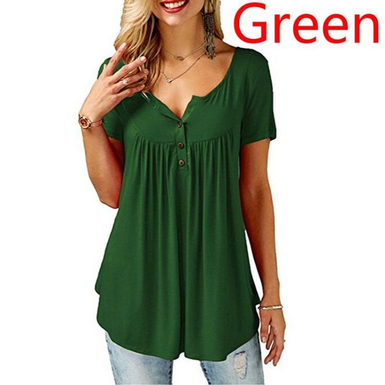 Ladies Casual Women Blouse O Neck Shirts Loose Elastic Short Sleeve Tunic Button Top