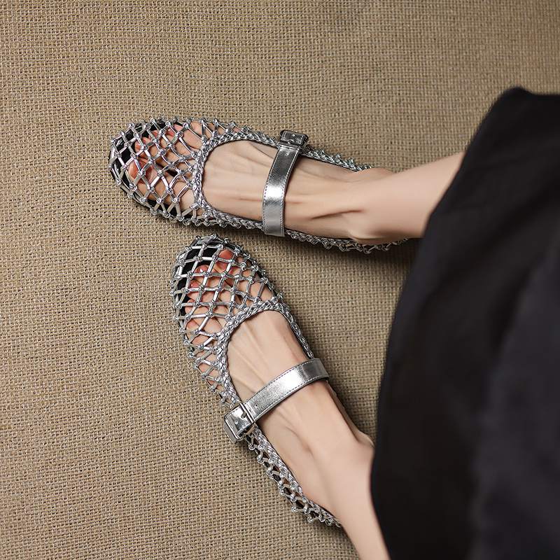Krazing Pot Straw Weaving Mary Janes Summer Size 42 European Design Thick Flat with Women Women Round Toe Flats