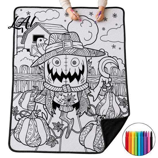 Cozy Couch Blanket with Markers Halloween DIY Coloring 24 Markers Color Your Own Throw Soft Velvet Arts And Crafts Blanket Ghost Pumpkin Patterns
