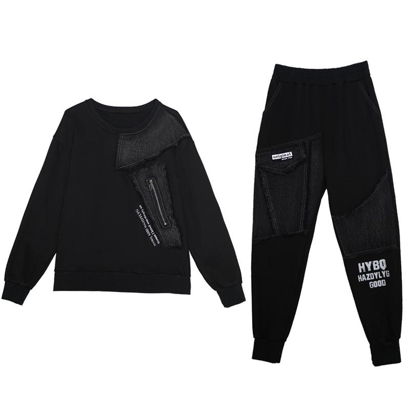 Spring and Autumn Suit Women's Loose Sweater Stitching Denim Printed Long-sleeved Two-piece Casual Plus Size Women's Clothing