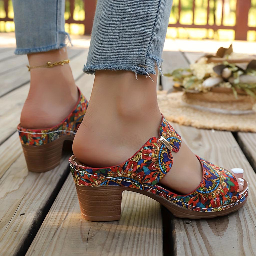 Women's Bohemian Mosaic Print Round-Toe Mule Slides - Vibrant Multicolor - PU Cover Upper & Cushioned Insole - Lightweight Comfortable for Summer