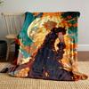 Fiery orange splashes surround a figure with spiked hair under a glowing moon. for all seasons blanket lunch break throw gift