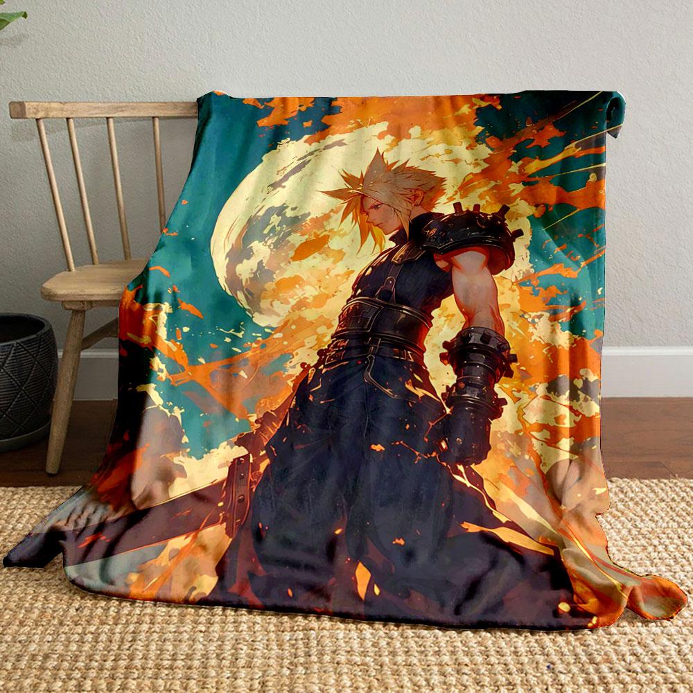 Fiery orange splashes surround a figure with spiked hair under a glowing moon. for all seasons blanket lunch break throw gift