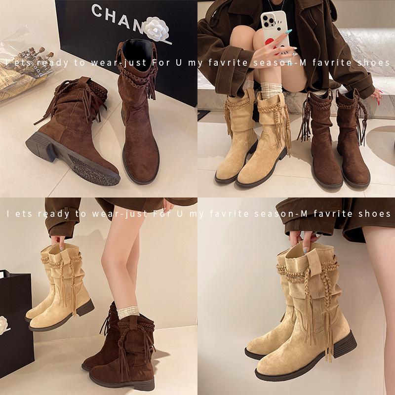 Retro Style Square Head Suede Fringed Strap Thick Heel Medium Boots Women's Autumn 2025 New Sleeve Versatile Fringed Boots